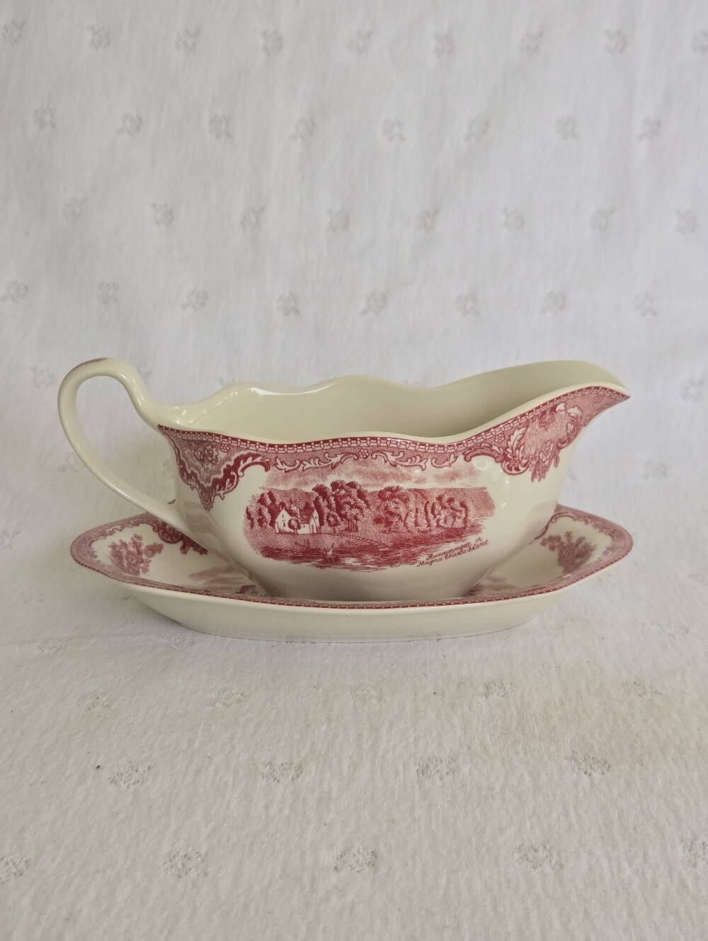 Johnson Bros. Vintage Cream and Red Toile Transferware Gravy Boat with Saucer
